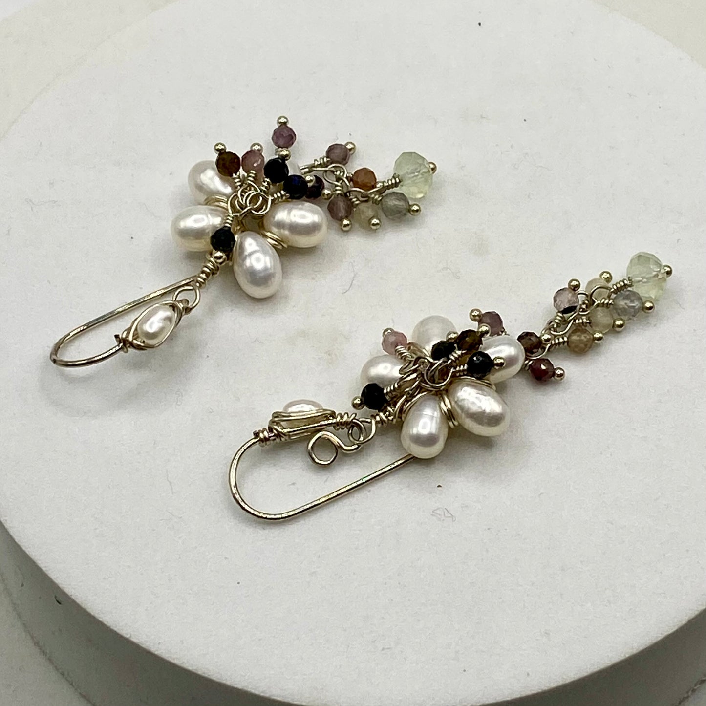 Pearl, Prenite & Watermelon Tourmaline Flower Earrings by Hip Chick Glass, Sterling Silver Wire Wrap Earrings, Handmade Gemstone Jewelry, June Birthstone Gift