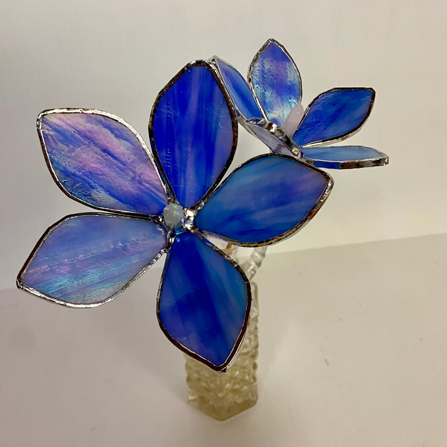 Iridescent Blue Glass Flower Plant Stakes by Hip Chick Glass | Stained Glass Flower Bouquet, Glass Flowers with Quartz Crystals on a Stem, Handmade Home Decor, Wedding Bouquet Keepsake, Tabletop Decor