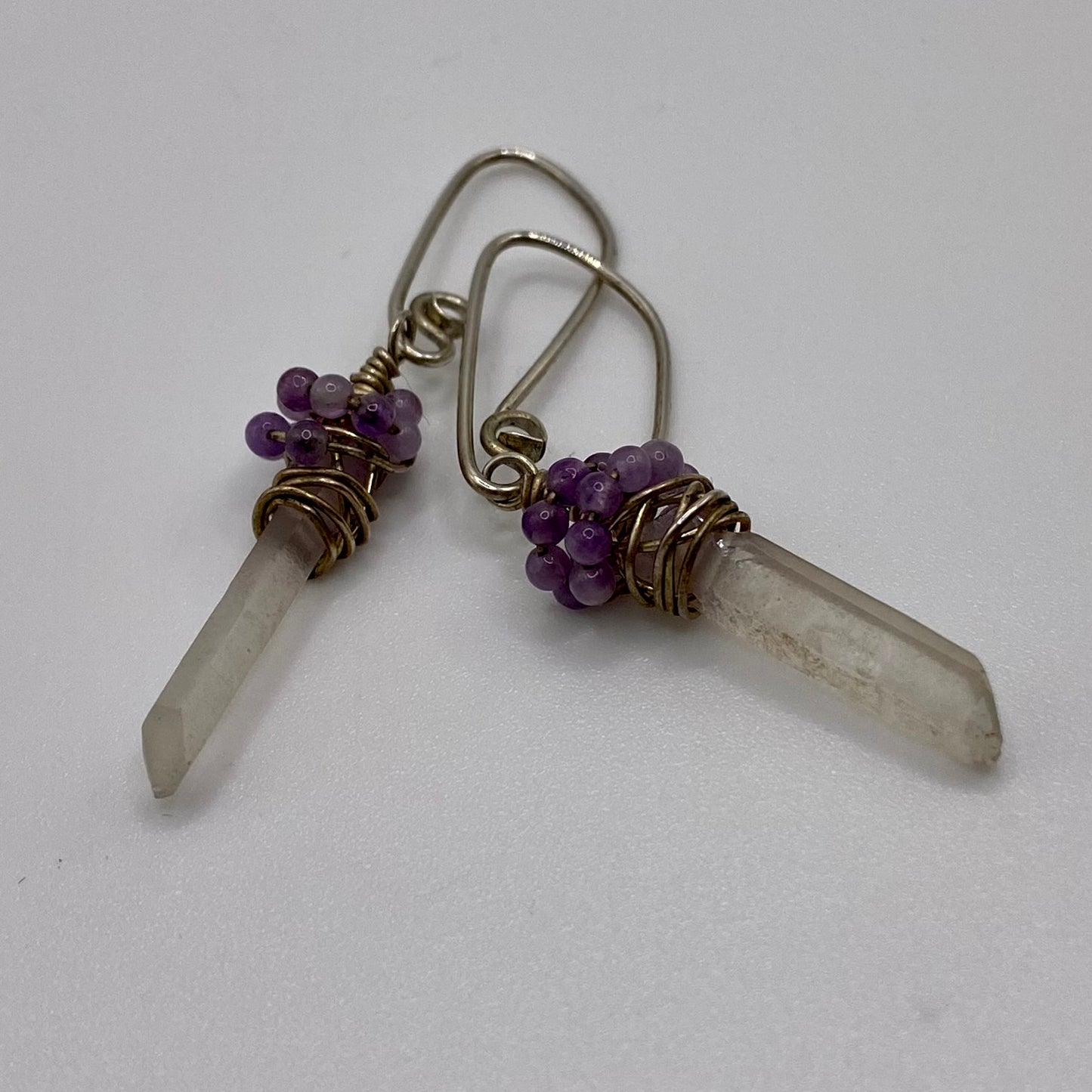 Quartz Crystal Point Earrings with Amethyst Wrapping by Hip Chick Glass, Sterling Silver Earrings, Handmade Gemstone Jewelry, February Birthstone Gift