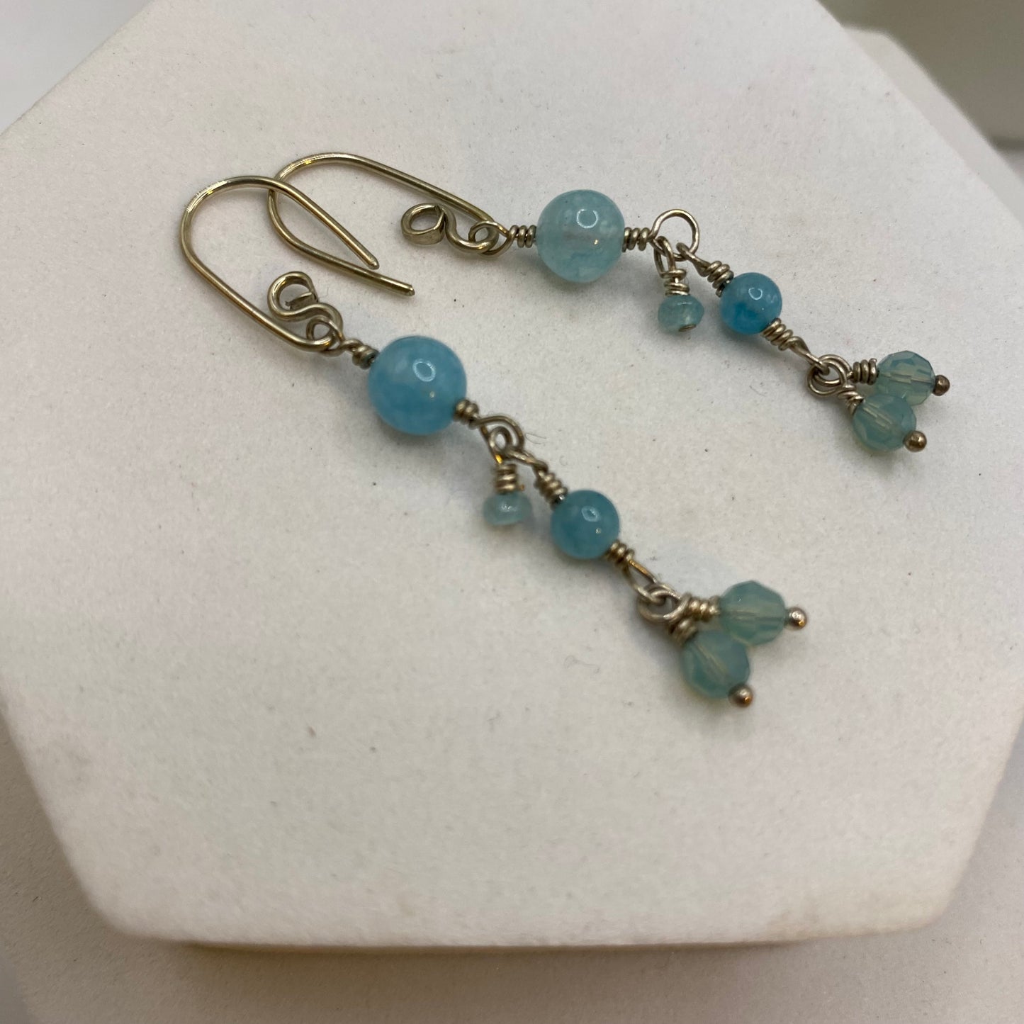 Aquamarine, Angelite & Swarovski Crystal Earrings by Hip Chick Glass, Sterling Silver Wire Wrap Earrings, Handmade Gemstone Jewelry, March Birthstone