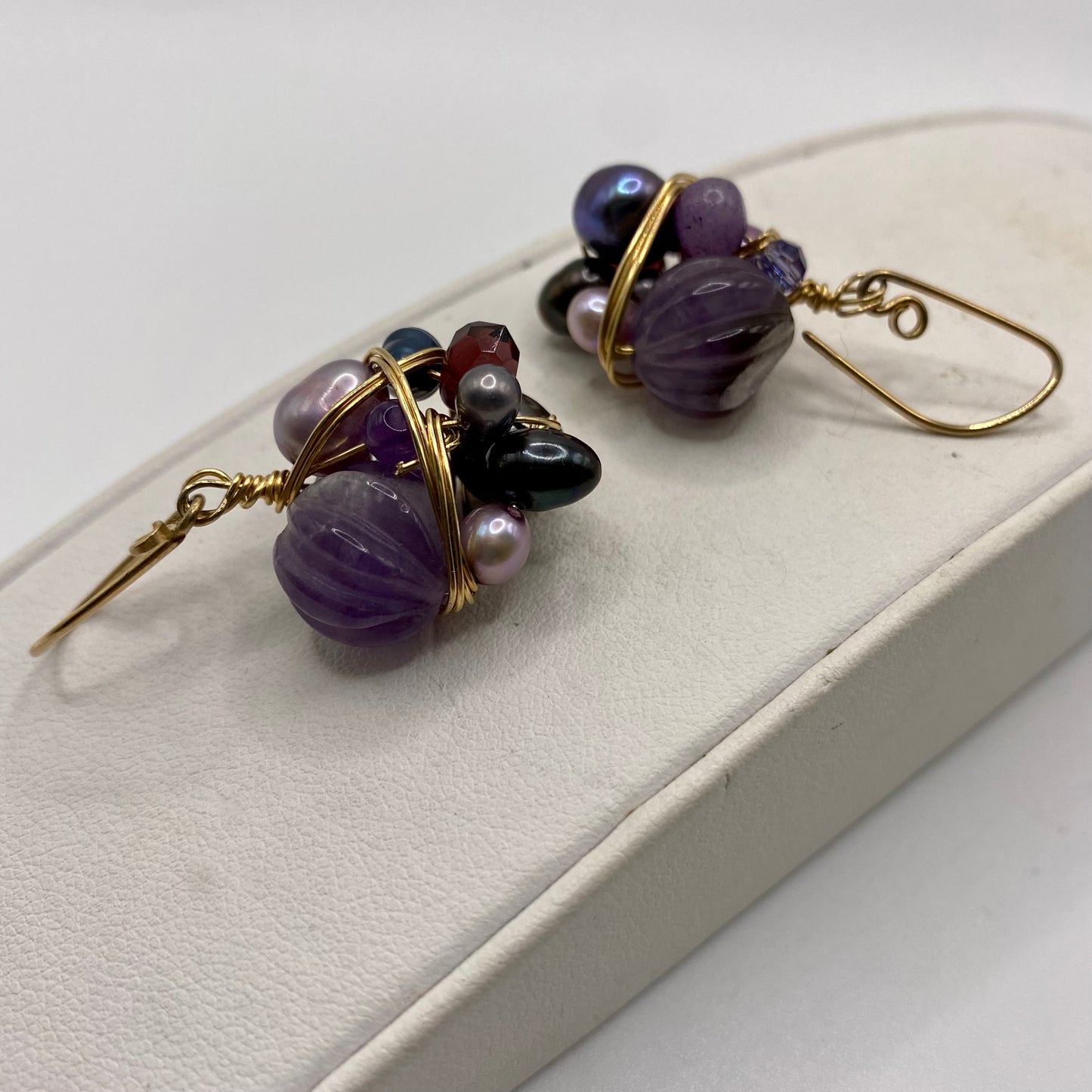 Purple Gemstone Bead Wire Wrap Earrings by Hip Chick Glass, 14 Karat Gold Fill Earrings, Handmade Gemstone Jewelry, OOAK February Birthstone Gift