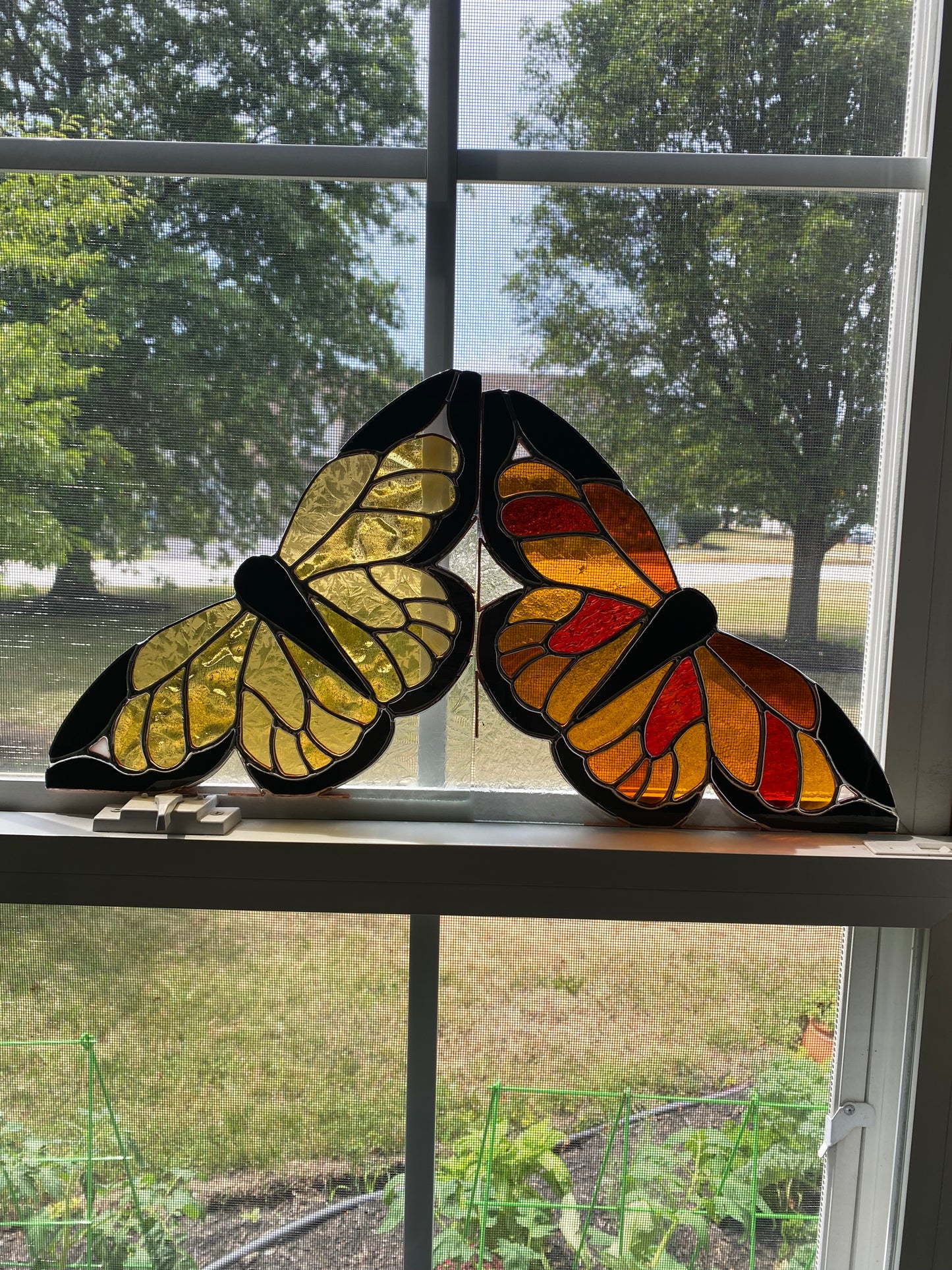 RUST BUTTERFLY Window Corner | Stained Glass Window Panel | Handmade Home Décor | Butterfly Sun Catcher by Hip Chick Glass, LLC