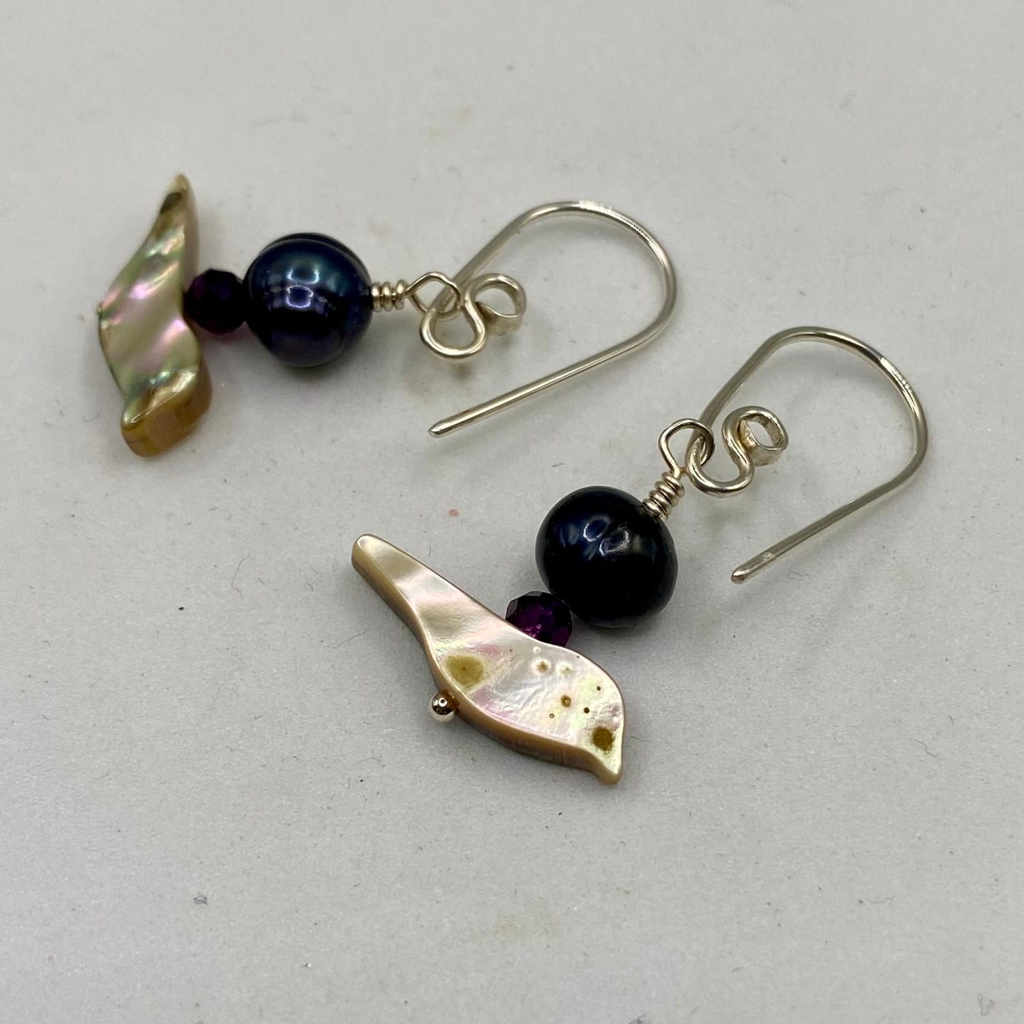 Bird Abalone, Iolite & Pearl Earrings by Hip Chick Glass, Handmade Sterling Silver Earrings, Silver Gemstone Jewelry