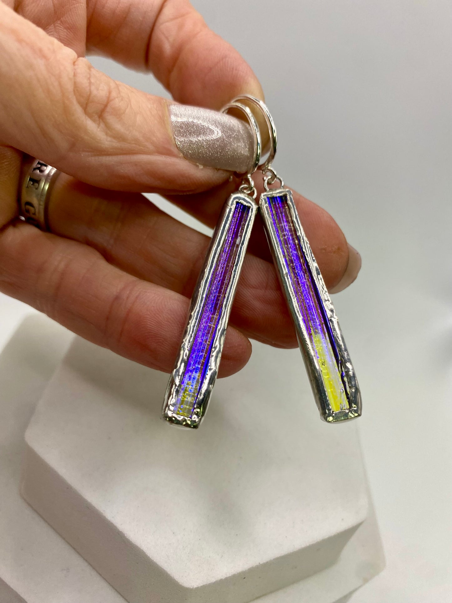 Luminous Stick Earrings | Dichroic Glass Earrings by Hip Chick Glass, Handmade Dangle & Drop Earrings, Iridescent Glass Earrings, Handmade Jewelry