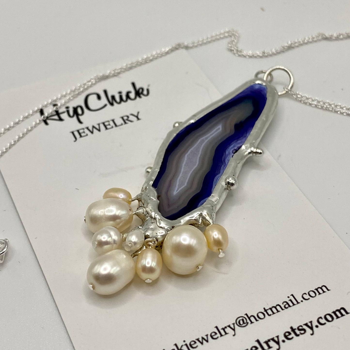 Agate & Pearl Cluster Necklace | Agate Slice Necklace by Hip Chick Glass, Handmade Silver Pendant Necklace, Silver Pearl Agate Necklace, Handmade Jewelry