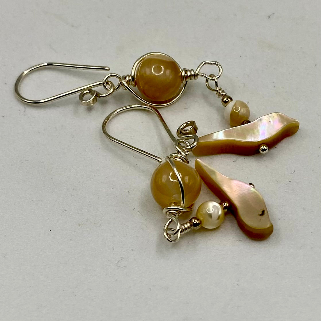 Abalone, Mother of Pearl Long Bird Earrings by Hip Chick Glass, Handmade Sterling Silver Earrings, Silver Gemstone Jewelry