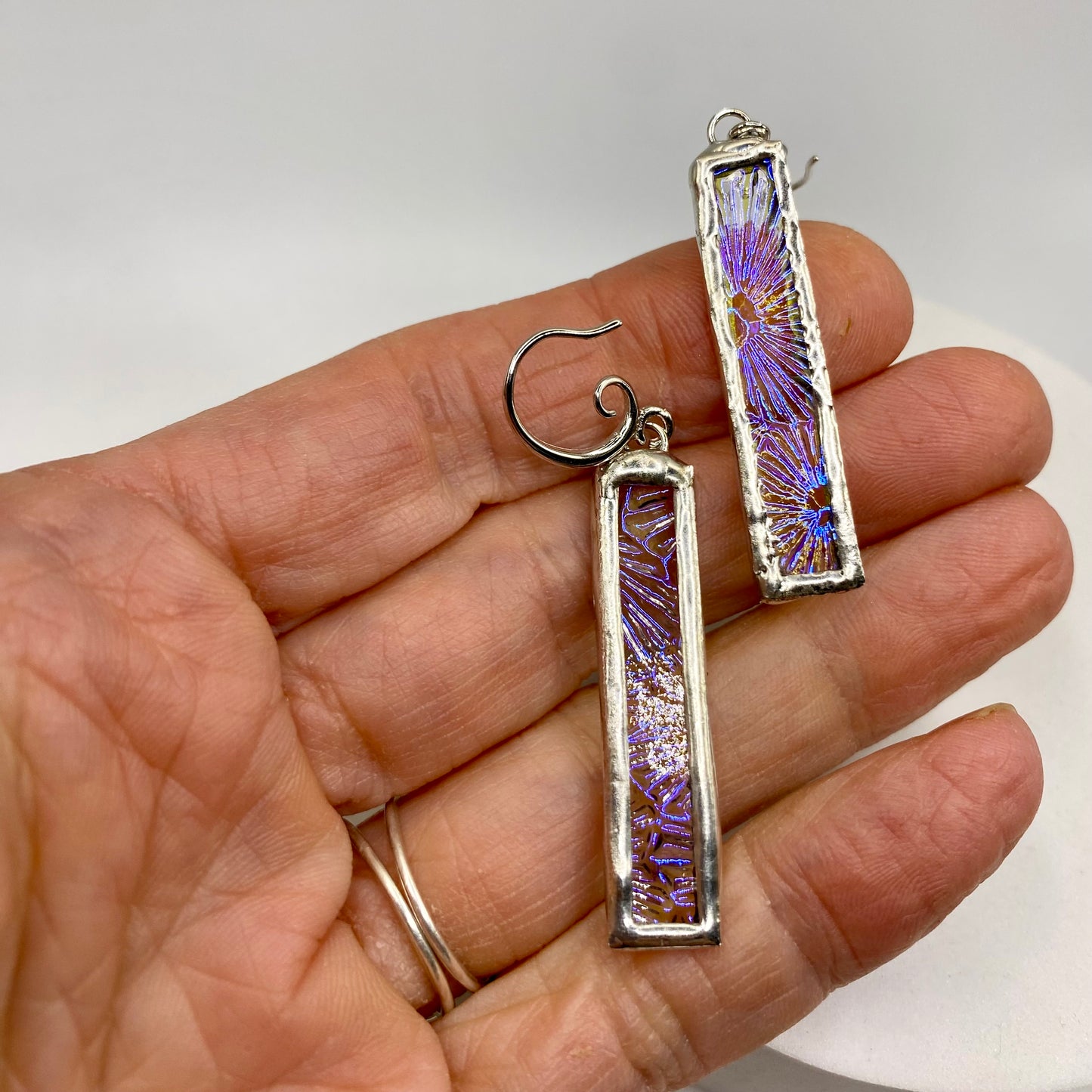 Snowflake Stick Earrings | Stained Glass Earrings by Hip Chick Glass, Stained Glass Dangle Drop Earrings, Stained Glass Earrings