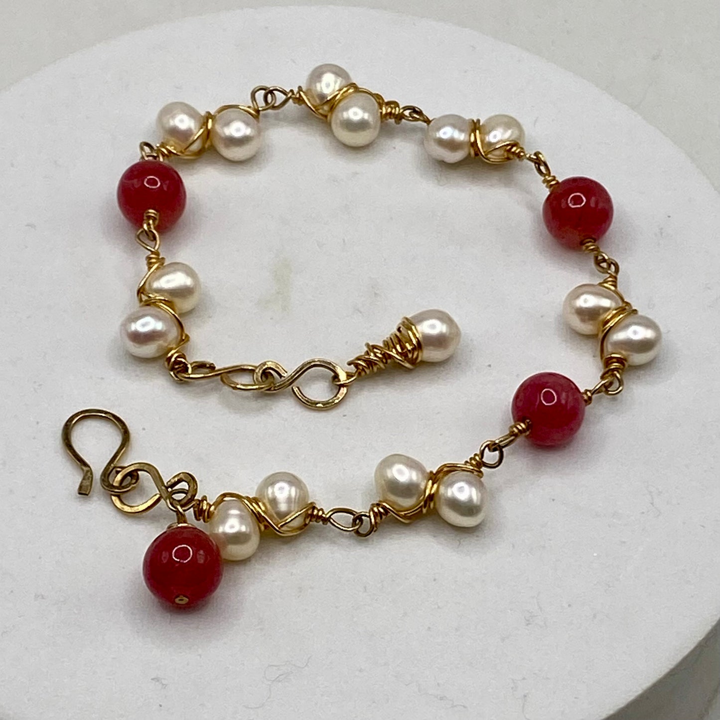 Gold Pearl & Raw Ruby Bracelet by Hip Chick Glass, Handmade Gold Fill Wire Wrap Jewelry, Handmade Gemstone Bracelet, June & July Birthstone Gift
