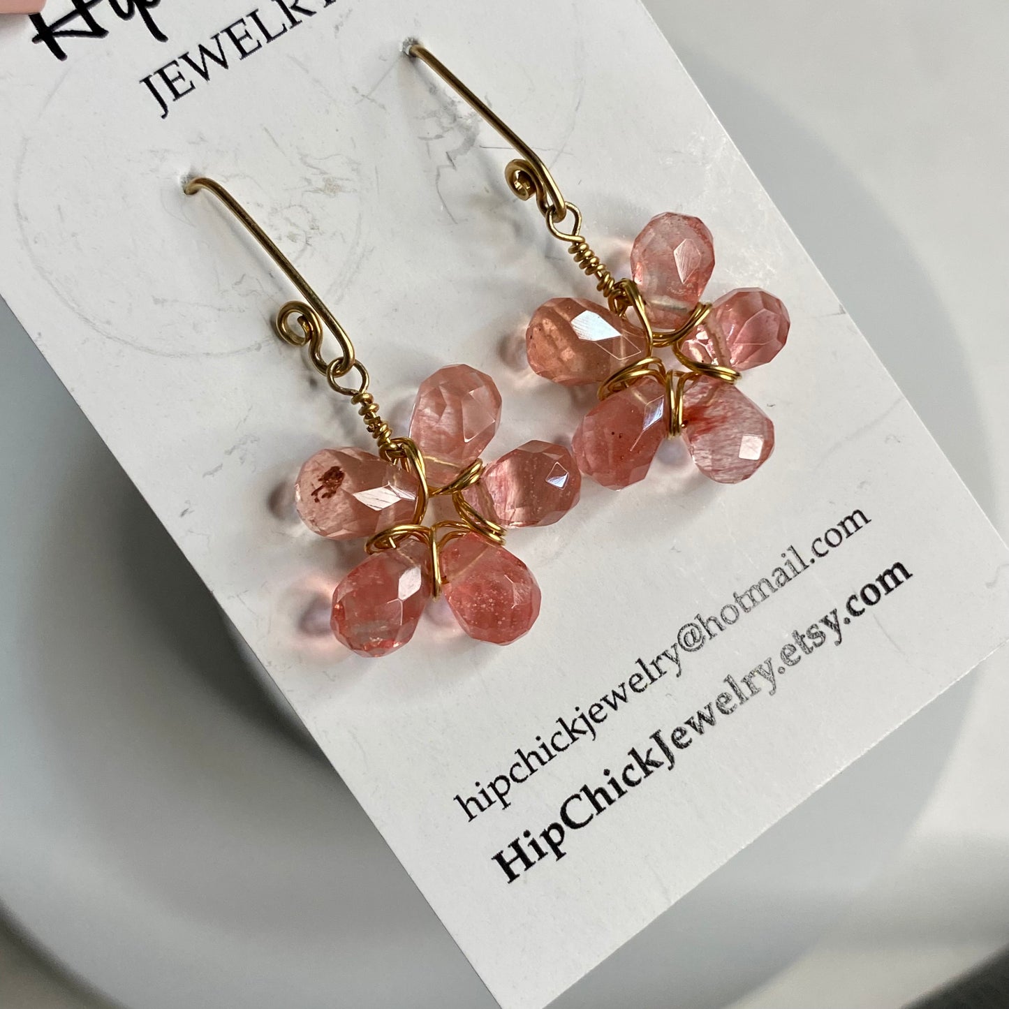 Cherry Quartz Wire Wrap Flower Earrings by Hip Chick Glass, 14 Karat Gold Fill Earrings, Handmade Gemstone Jewelry, Birthstone Gift