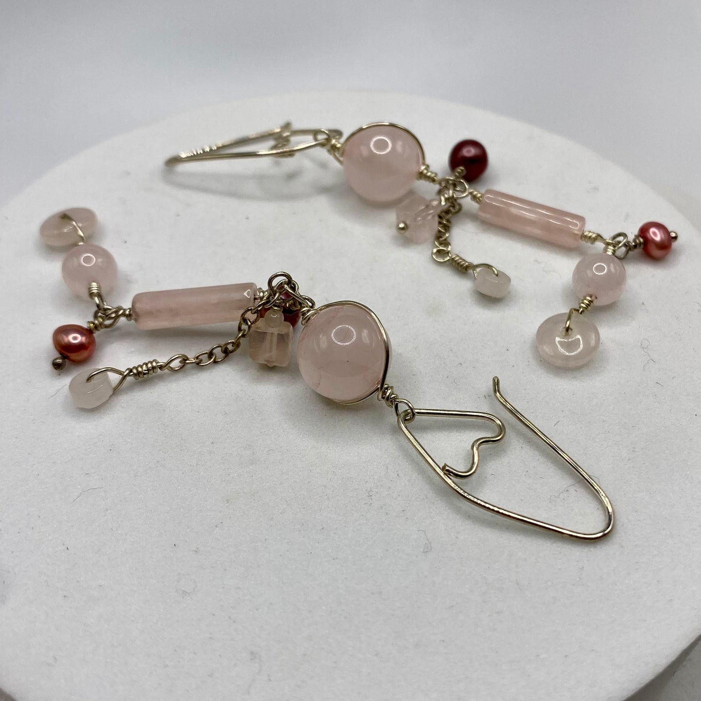 Long Rose Quartz Earrings with Freshwater Pearls by Hip Chick Glass, Rose Quartz Earrings, Handmade Silver Gemstone Jewelry, Handmade Jewelry Gift, June Birthstone Earrings