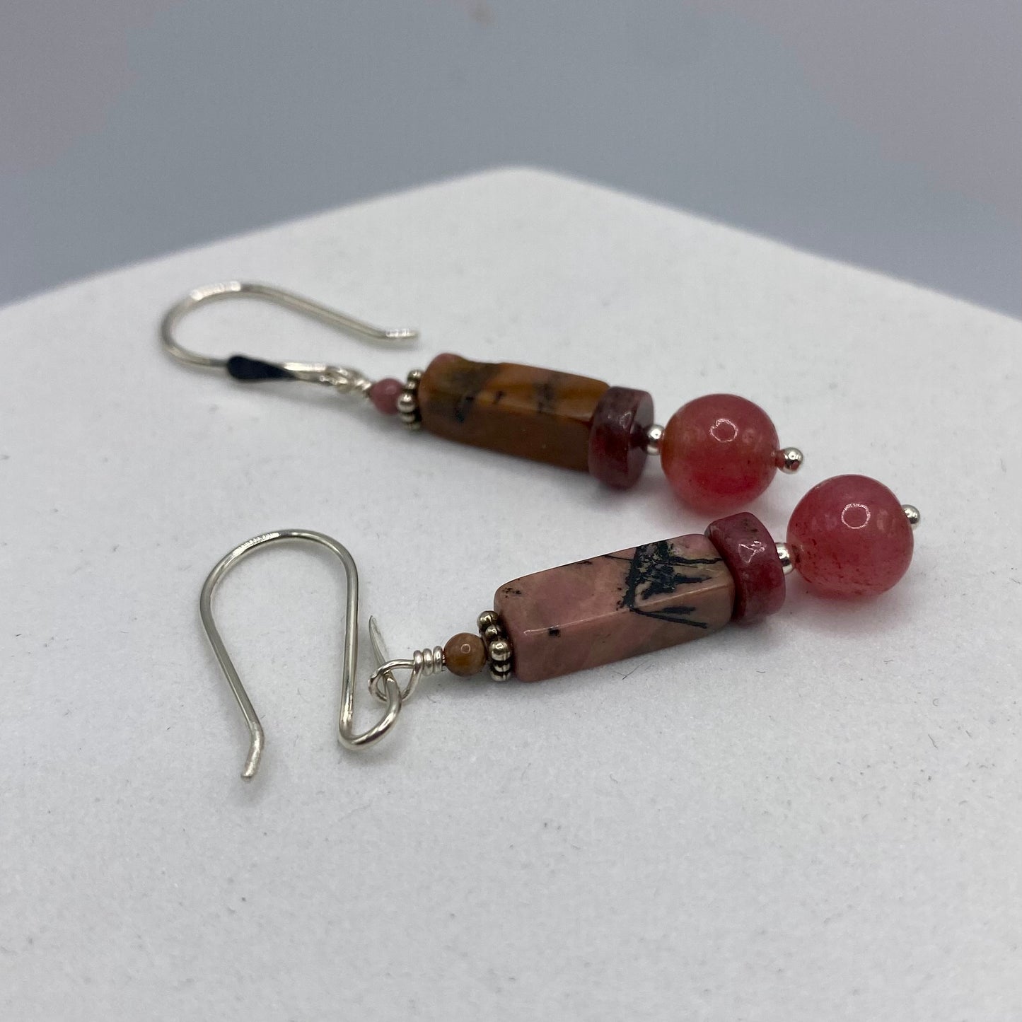 Rhodochrosite & Ruby Dangle Earrings by Hip Chick Glass, Sterling Silver Earrings, Handmade Gemstone Jewelry, Handmade Jewelry Gift