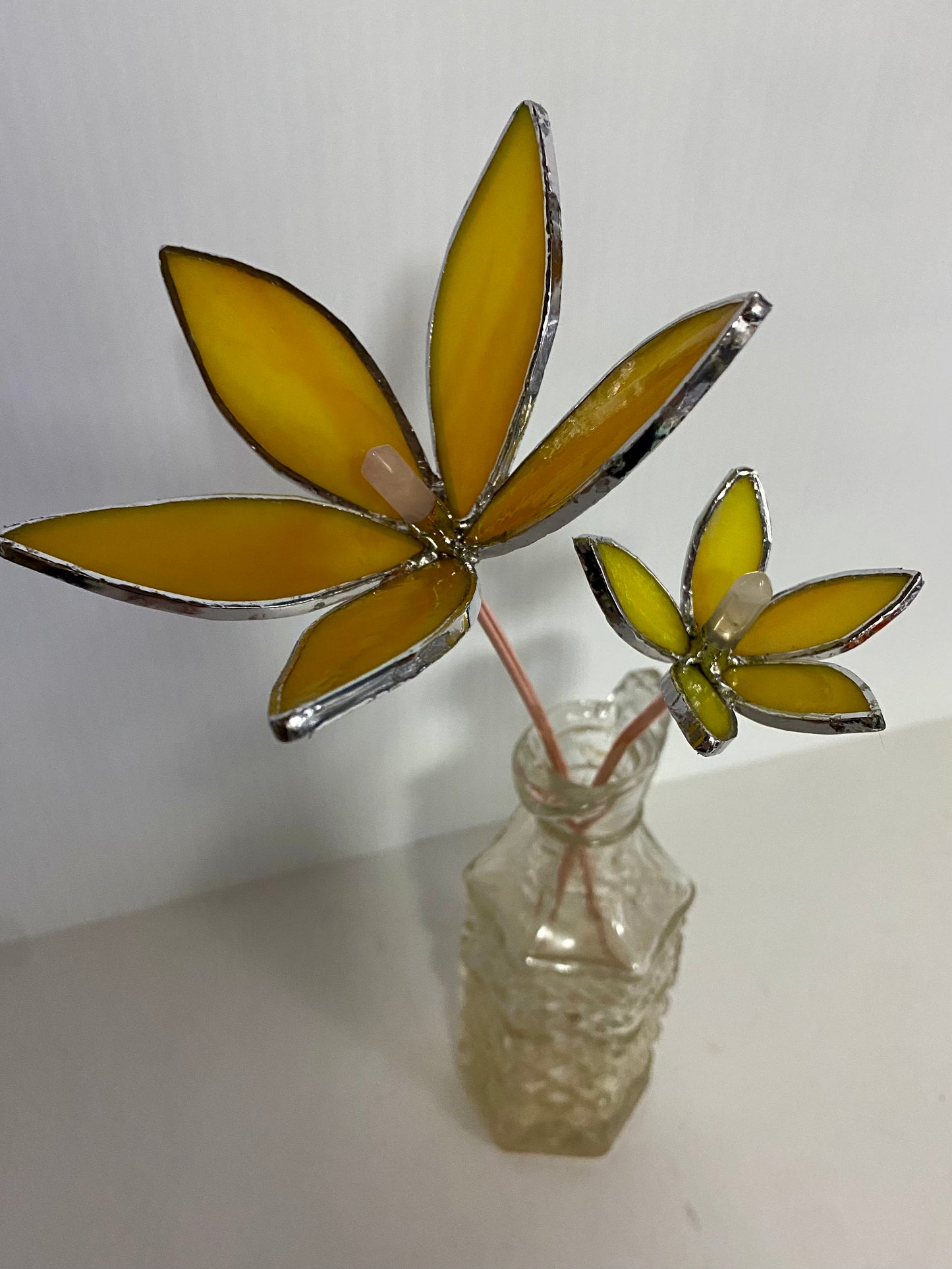 Yellow Glass Flower Plant Stakes by Hip Chick Glass | Stained Glass Flower Bouquet, Glass Flowers with Quartz Crystals on a Stem, Handmade Home Decor, Wedding Bouquet Keepsake, Tabletop Decor