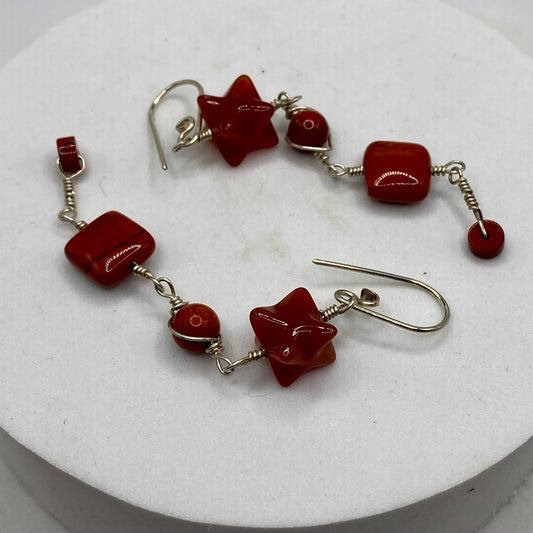 Carnelian & Red Jasper Long Dangle Earrings by Hip Chick Glass, Sterling Silver Earrings, Handmade Boho Luxe Gemstone Jewelry