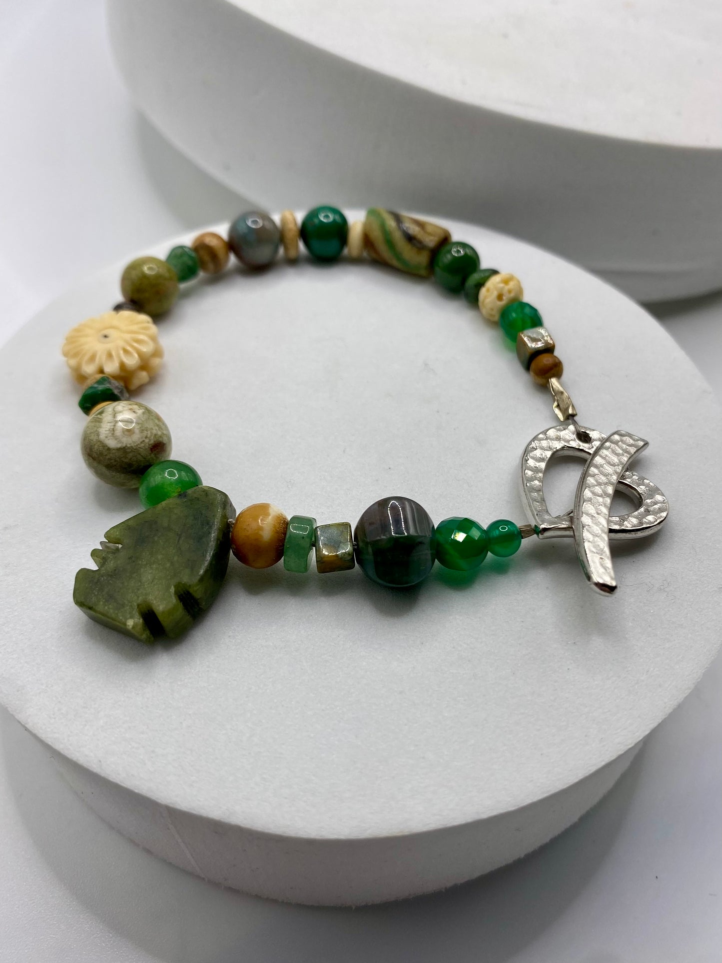 Valentines Day Bracelet with Heart Clasp & Mixed Green Gemstones by Hip Chick Glass, Handmade Bracelet, Handmade Gemstone Bracelet, Birthstone Gift