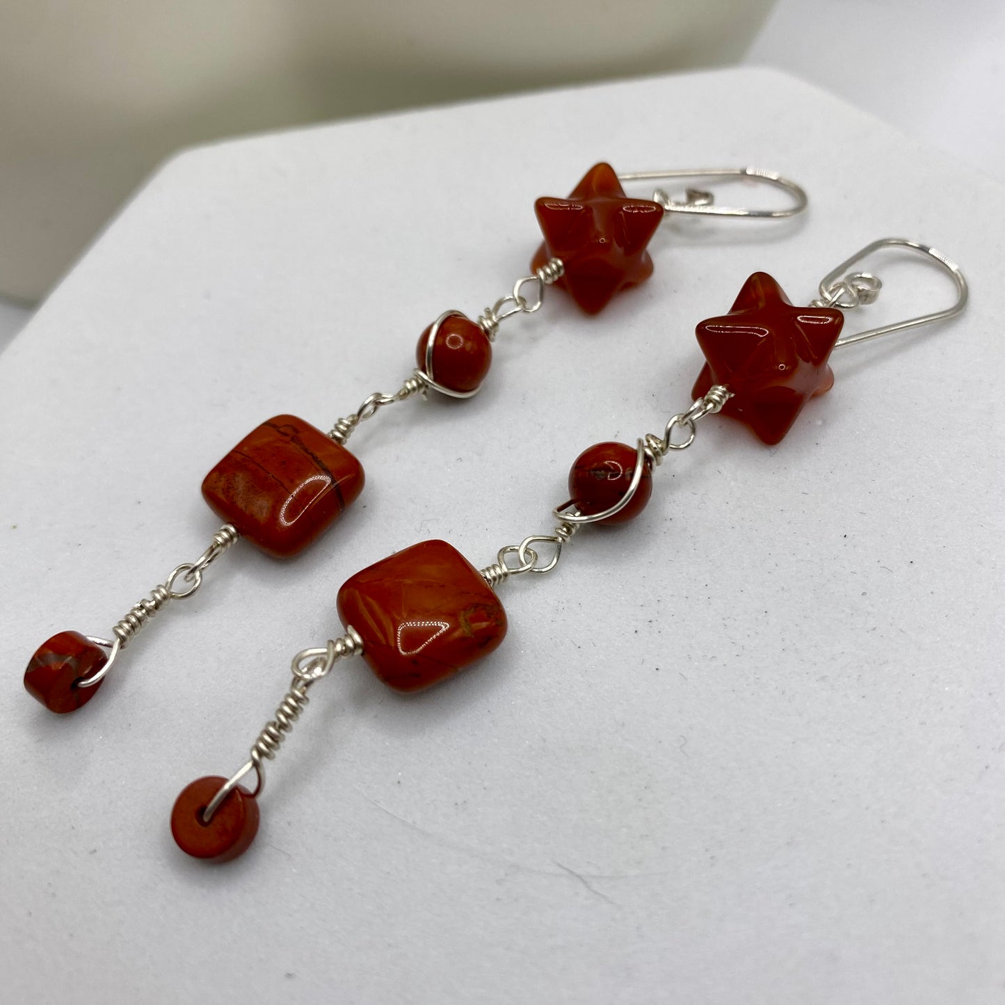 Carnelian & Red Jasper Long Dangle Earrings by Hip Chick Glass, Sterling Silver Earrings, Handmade Gemstone Jewelry, Orange Gemstone Gift