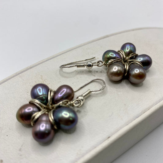 Black Pearl Flower Earrings by Hip Chick Glass, Sterling Silver Wire Wrap Earrings, Handmade Gemstone Jewelry, June Birthstone Gift