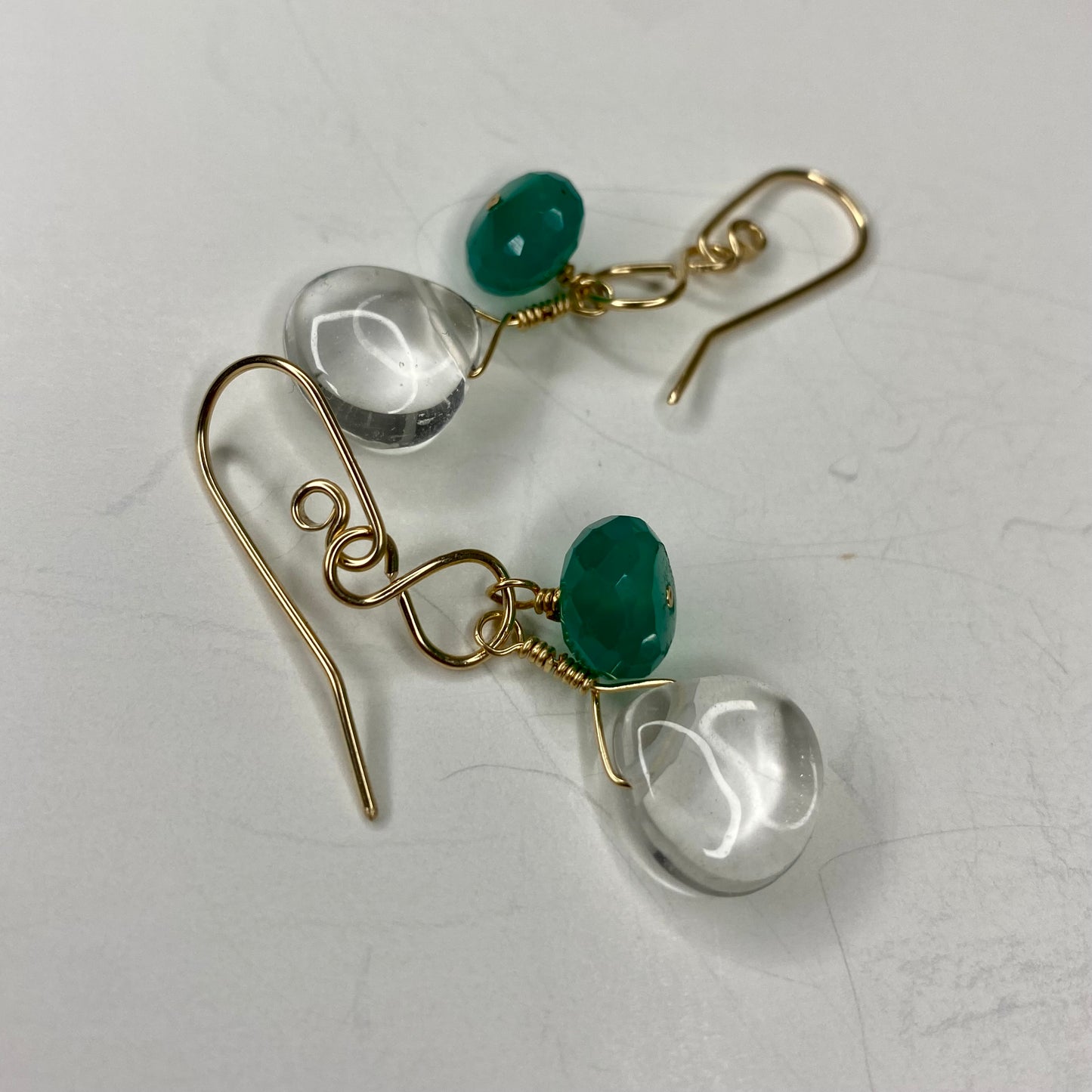 Green Agate & Quartz Crystal Dangle Earrings by Hip Chick Glass, 14 Karat Gold Fill Earrings, Handmade Gemstone Jewelry, Birthstone Gift