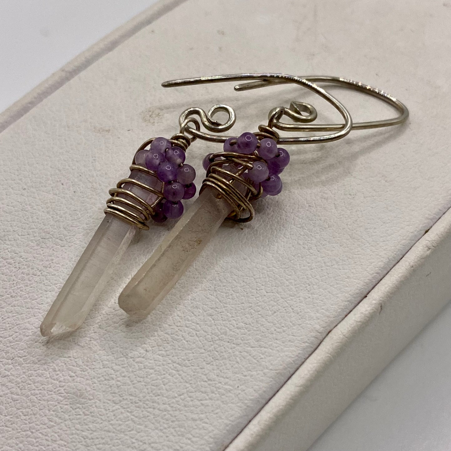 Quartz Crystal Point Earrings with Amethyst Wrapping by Hip Chick Glass, Sterling Silver Earrings, Handmade Gemstone Jewelry, February Birthstone Gift