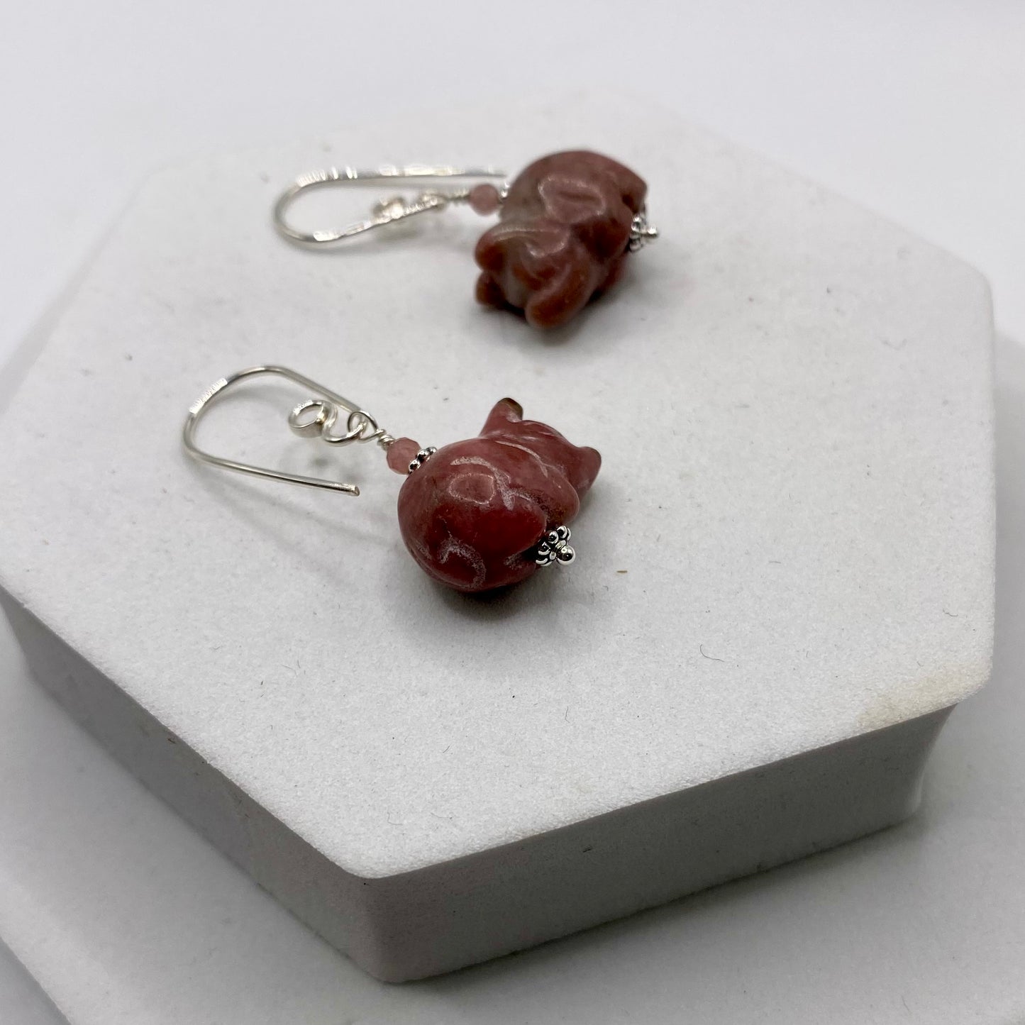 Carved Pig Earrings by Hip Chick Glass, Sterling Silver Earrings, Handmade Gemstone Jewelry, Handmade Jewelry Gift