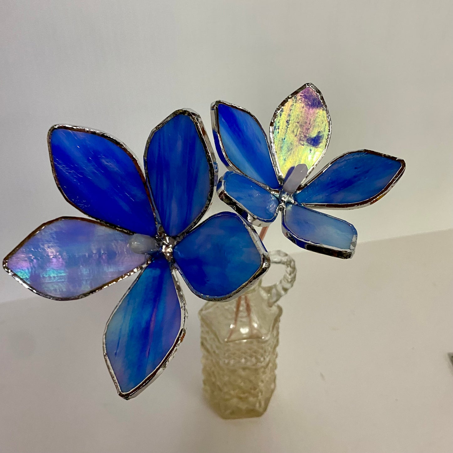Iridescent Blue Glass Flower Plant Stakes by Hip Chick Glass | Stained Glass Flower Bouquet, Glass Flowers with Quartz Crystals on a Stem, Handmade Home Decor, Wedding Bouquet Keepsake, Tabletop Decor