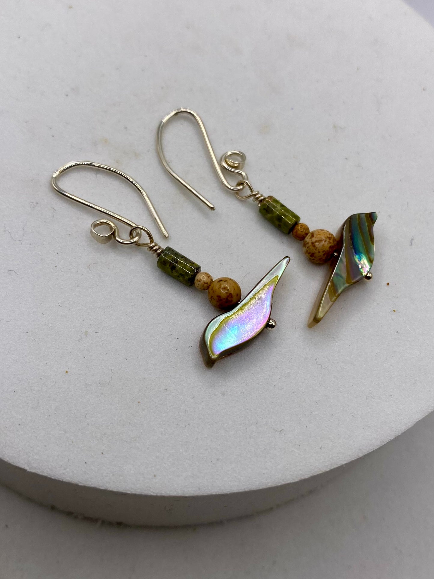 Abalone Bird, Picture Jasper, Unakite Earrings by Hip Chick Glass, Handmade Sterling Silver Earrings, Silver Gemstone Jewelry