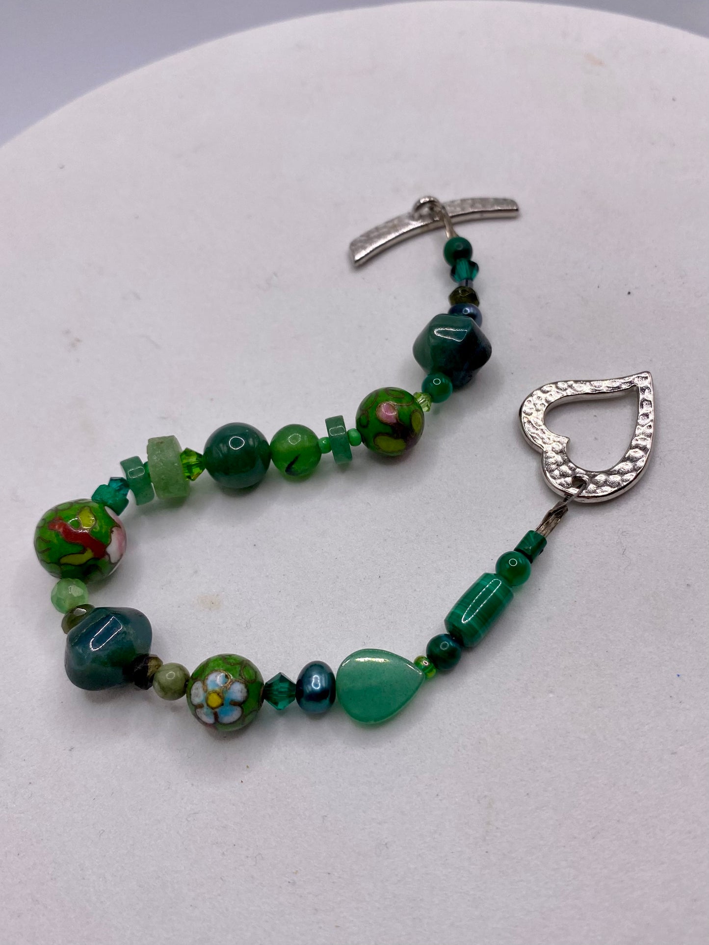 Valentines Day Bracelet with Heart Clasp & Mixed Green Gemstones by Hip Chick Glass, Handmade Bracelet, Handmade Gemstone Bracelet, Birthstone Gift