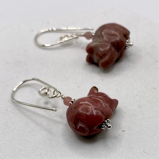 Carved Pig Earrings by Hip Chick Glass, Sterling Silver Earrings, Handmade Gemstone Jewelry, Handmade Jewelry Gift