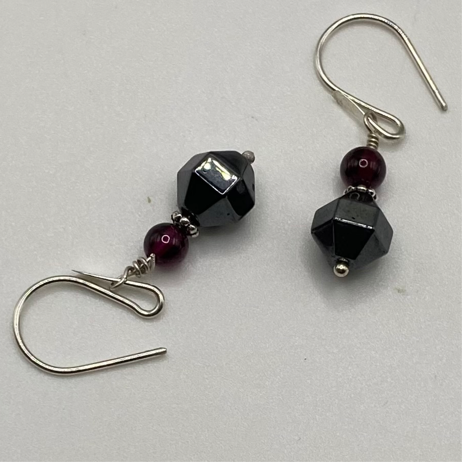 Garnet & Hematite Earrings by Hip Chick Glass, Sterling Silver Earrings, Handmade Gemstone Jewelry, Handmade Jewelry Gift, January Birthstone