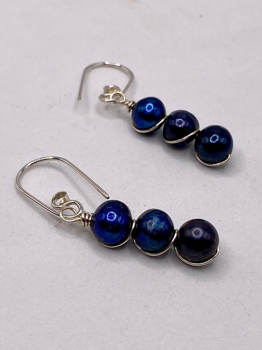 Blue Pearl Triple Wrap Sterling Silver Earrings by Hip Chick Glass, Sterling Silver Earrings, Handmade Gemstone Jewelry, June Birthstone Gift