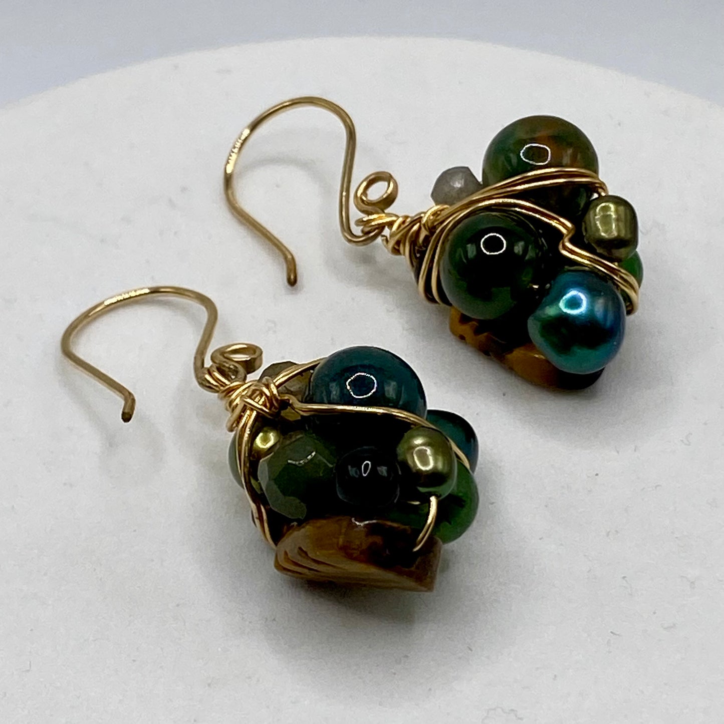 OOAK Green Wire Wrap Cluster Earrings by Hip Chick Glass, 14 Karat Gold Fill Earrings, Handmade Gemstone Jewelry, Birthstone Gift