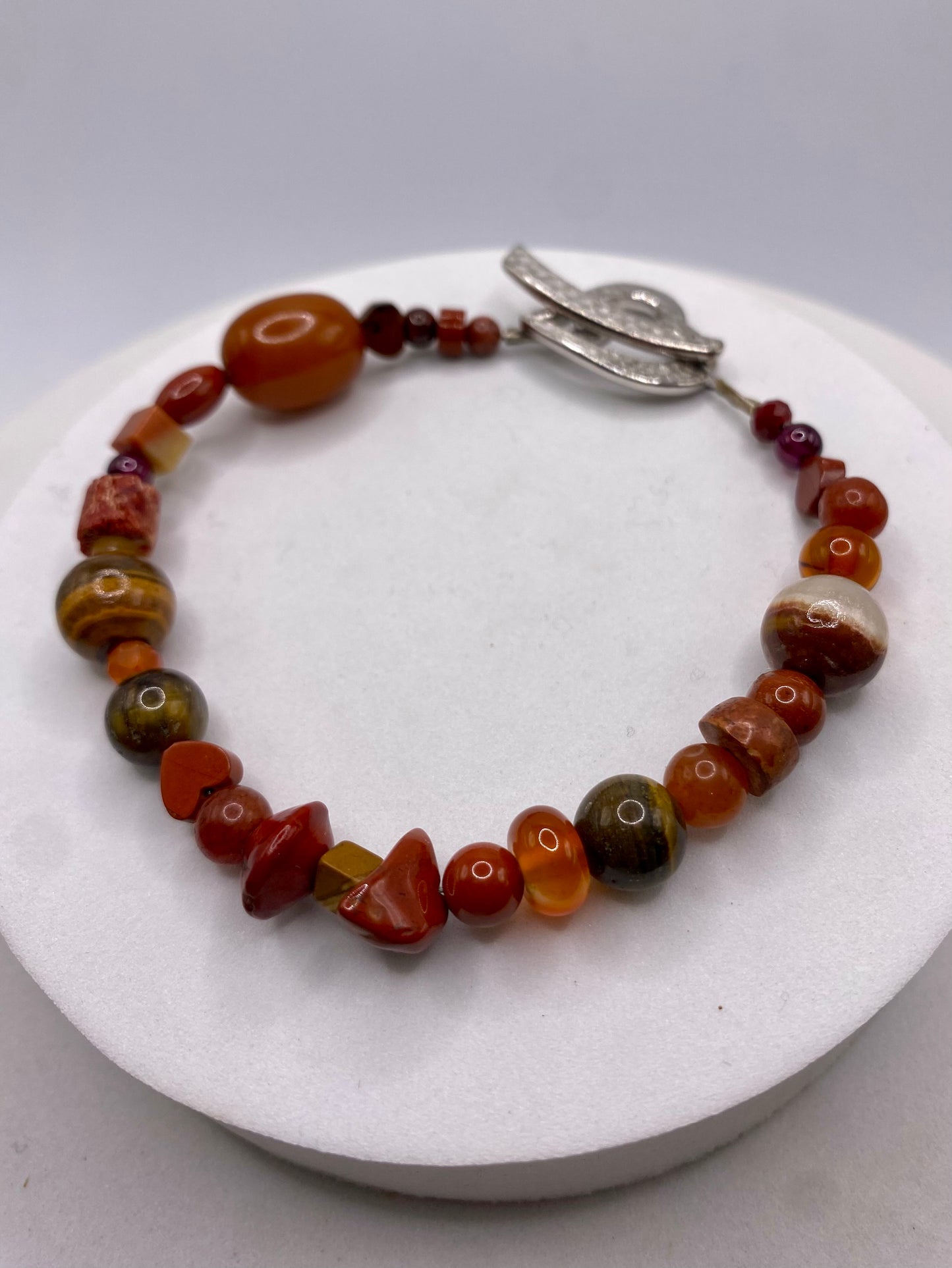 Valentines Day Bracelet with Pewter Heart Clasp & Mixed Orange Gemstones by Hip Chick Glass, Handmade Bracelet, Handmade Gemstone Bracelet, Birthstone Gift