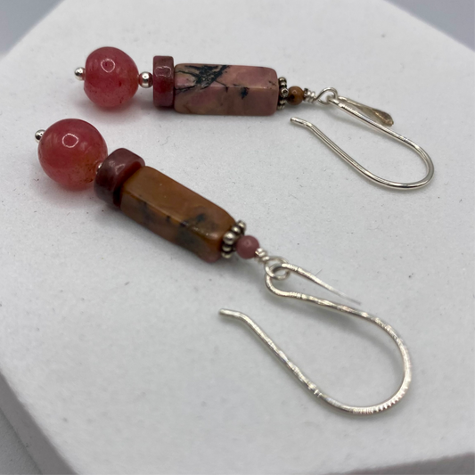 Rhodochrosite & Ruby Dangle Earrings by Hip Chick Glass, Sterling Silver Earrings, Handmade Gemstone Jewelry, Handmade Jewelry Gift