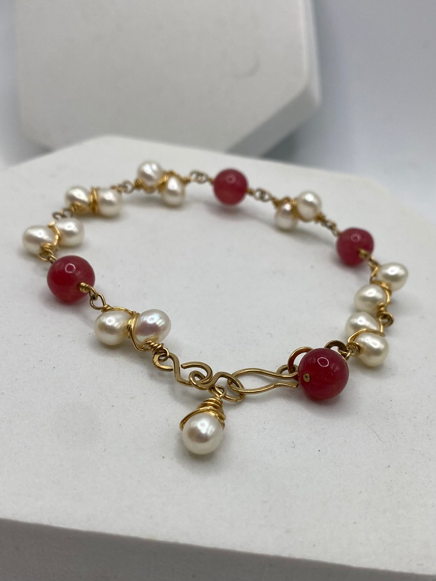 Handmade Gemstone Bracelet by Hip Chick Jewelry, Ruby & Pearl Bracelet in Gold Fill by Hip Chick Jewelry, Ruby Bracelet, Pearl Bracelet, Gold Wire Wrap Bracelet