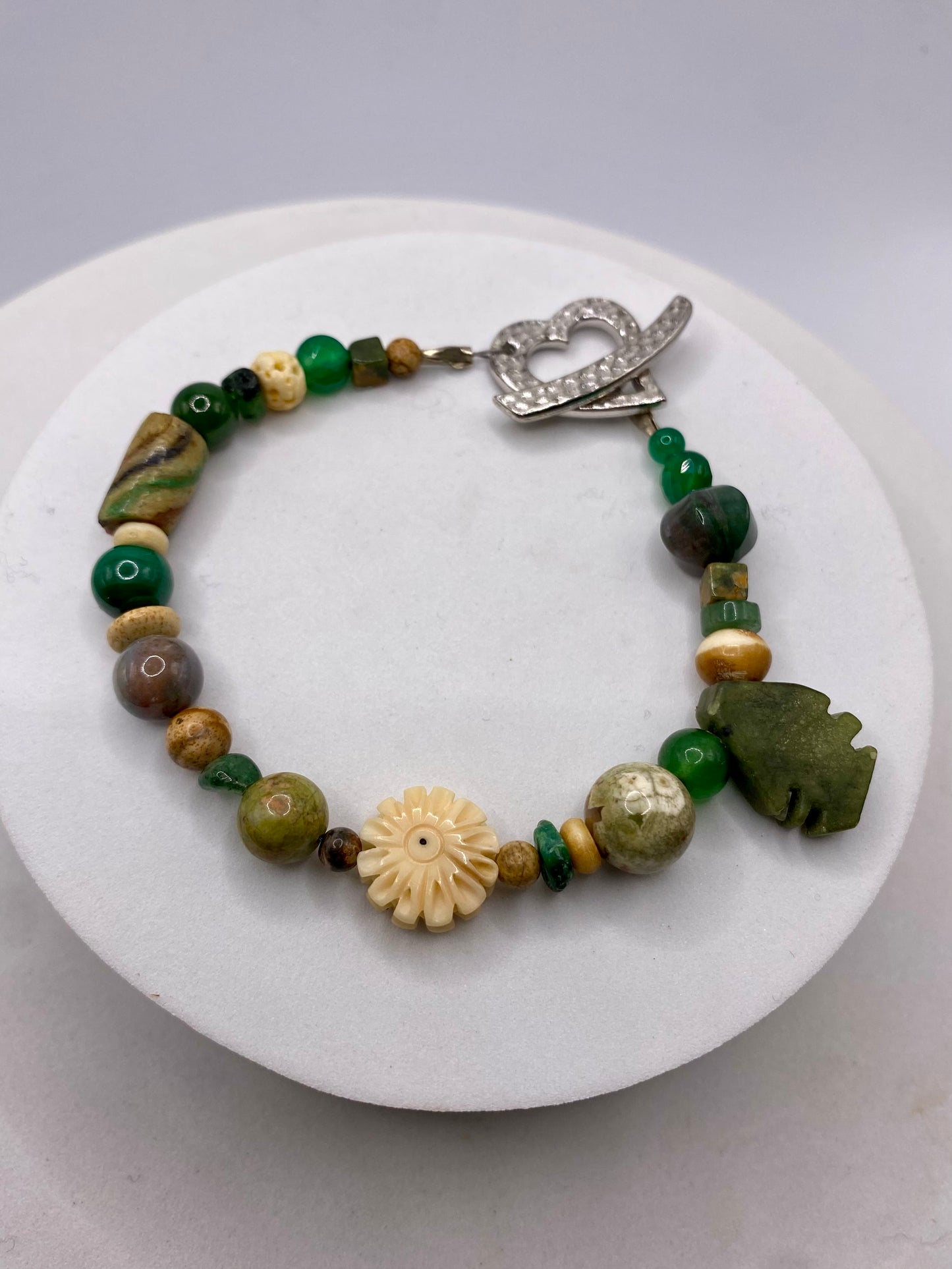 Valentines Day Bracelet with Heart Clasp & Mixed Green Gemstones by Hip Chick Glass, Handmade Bracelet, Handmade Gemstone Bracelet, Birthstone Gift