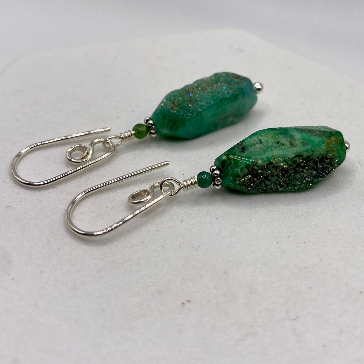 Green Druzy Agate Dangle Earrings by Hip Chick Glass, Sterling Silver Earrings, Handmade Gemstone Jewelry, Gemstone Jewelry Gift