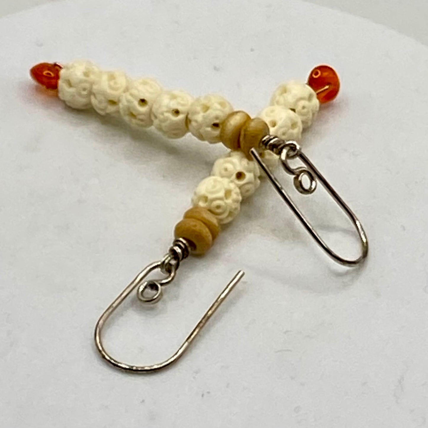 Carnelian, Carved Bone & Seed Earrings by Hip Chick Glass, Sterling Silver Earrings, Handmade Gemstone Jewelry, Gift For Woman