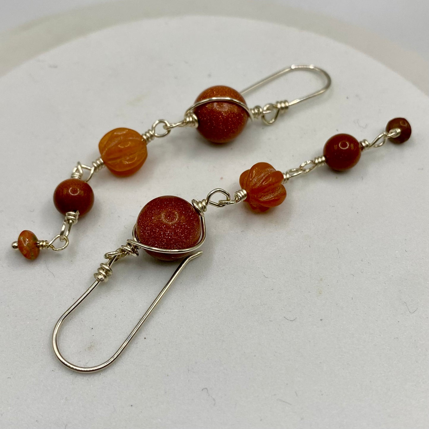 Long Boho Orange Gemstone Earrings by Hip Chick Glass, Sterling Silver Earrings, Handmade Gemstone Jewelry, Goldstone, Carnelian, Unakite