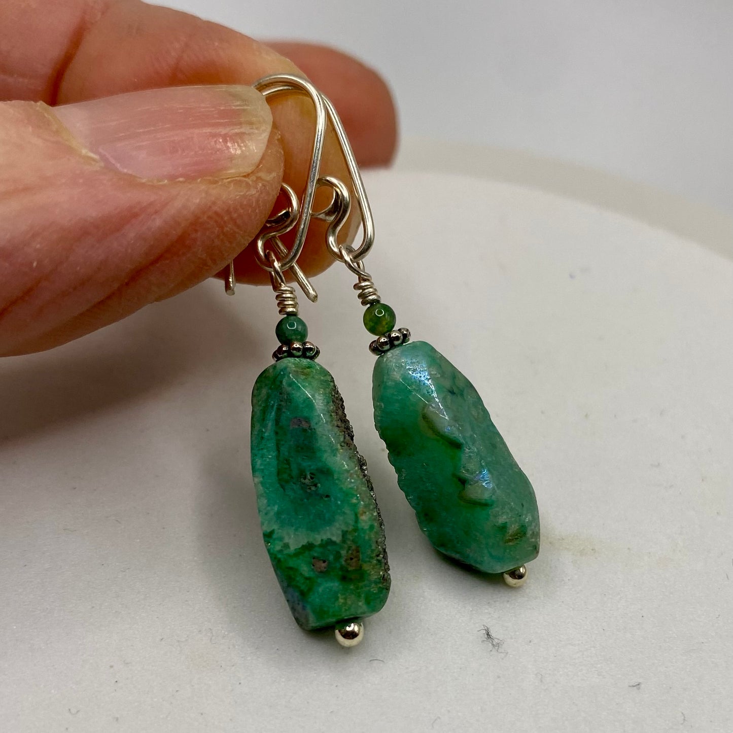 Green Druzy Agate Dangle Earrings by Hip Chick Glass, Sterling Silver Earrings, Handmade Gemstone Jewelry, Gemstone Jewelry Gift