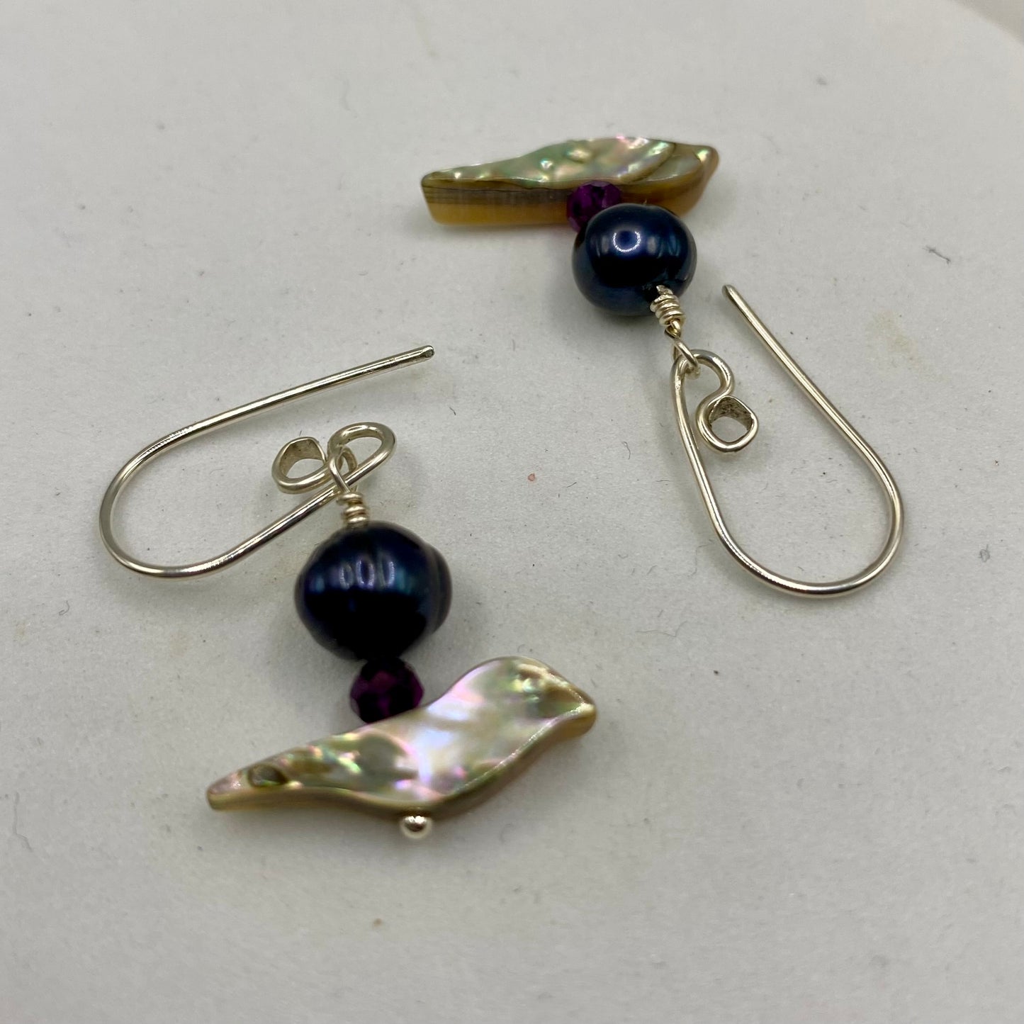 Bird Abalone, Iolite & Pearl Earrings by Hip Chick Glass, Handmade Sterling Silver Earrings, Silver Gemstone Jewelry