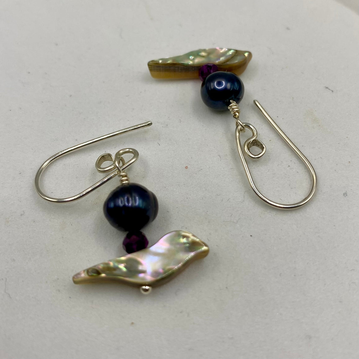 Abalone, Iolite Freshwater Pearls Silver Earrings by Hip Chick Glass, Handmade Sterling Silver Earrings, Silver Gemstone Jewelry