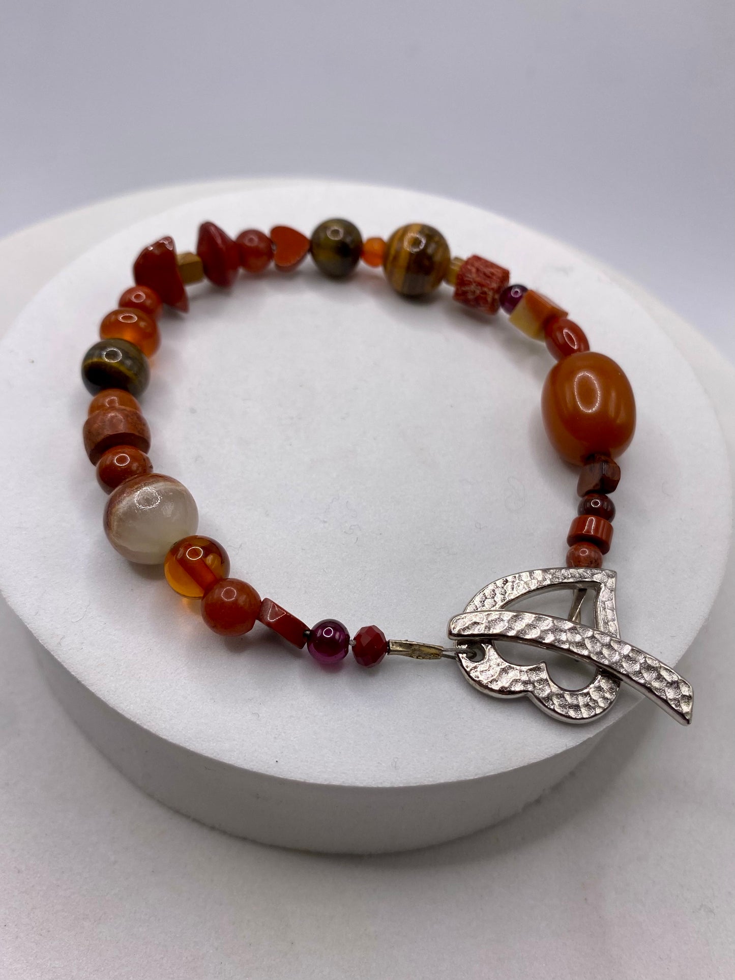 Valentines Day Bracelet with Pewter Heart Clasp & Mixed Orange Gemstones by Hip Chick Glass, Handmade Bracelet, Handmade Gemstone Bracelet, Birthstone Gift