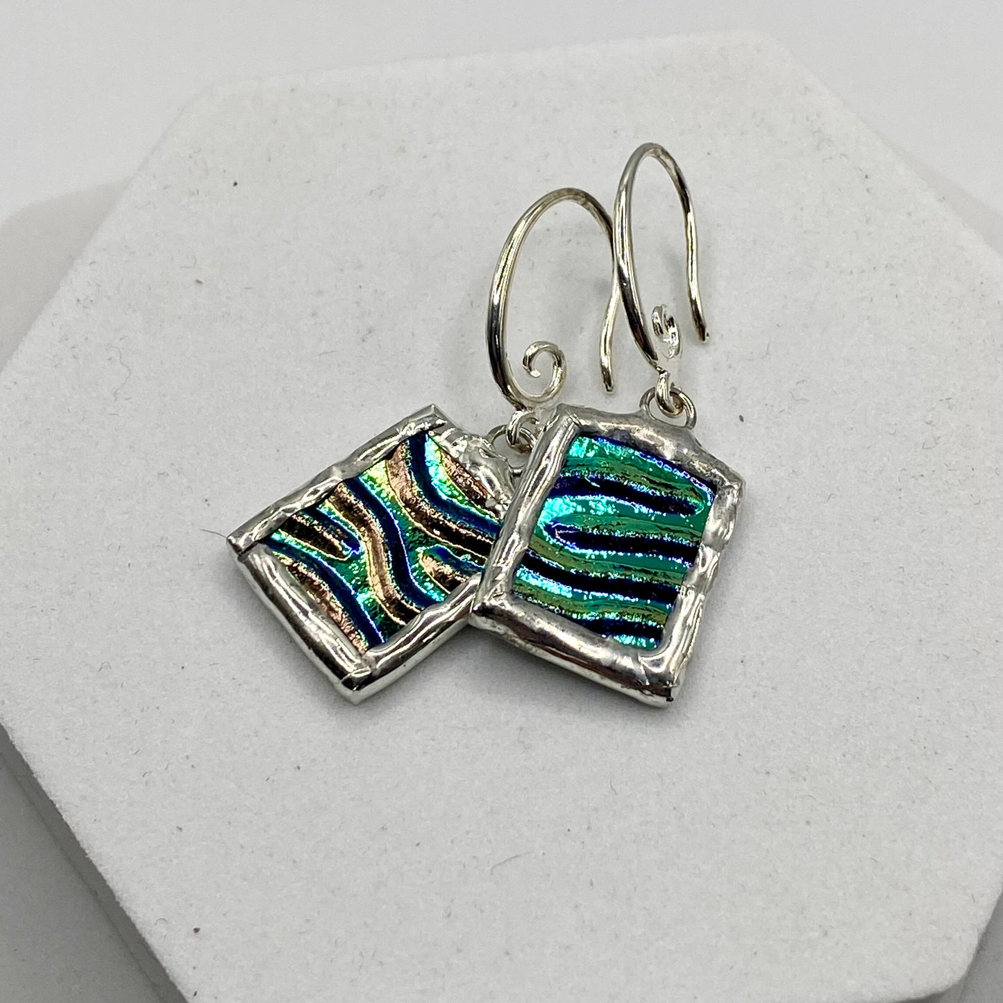 Teal Ripple Earrings | Dichroic Glass Earrings by Hip Chick Glass, Handmade Dangle & Drop Earrings, Iridescent Glass Earrings, Handmade Jewelry