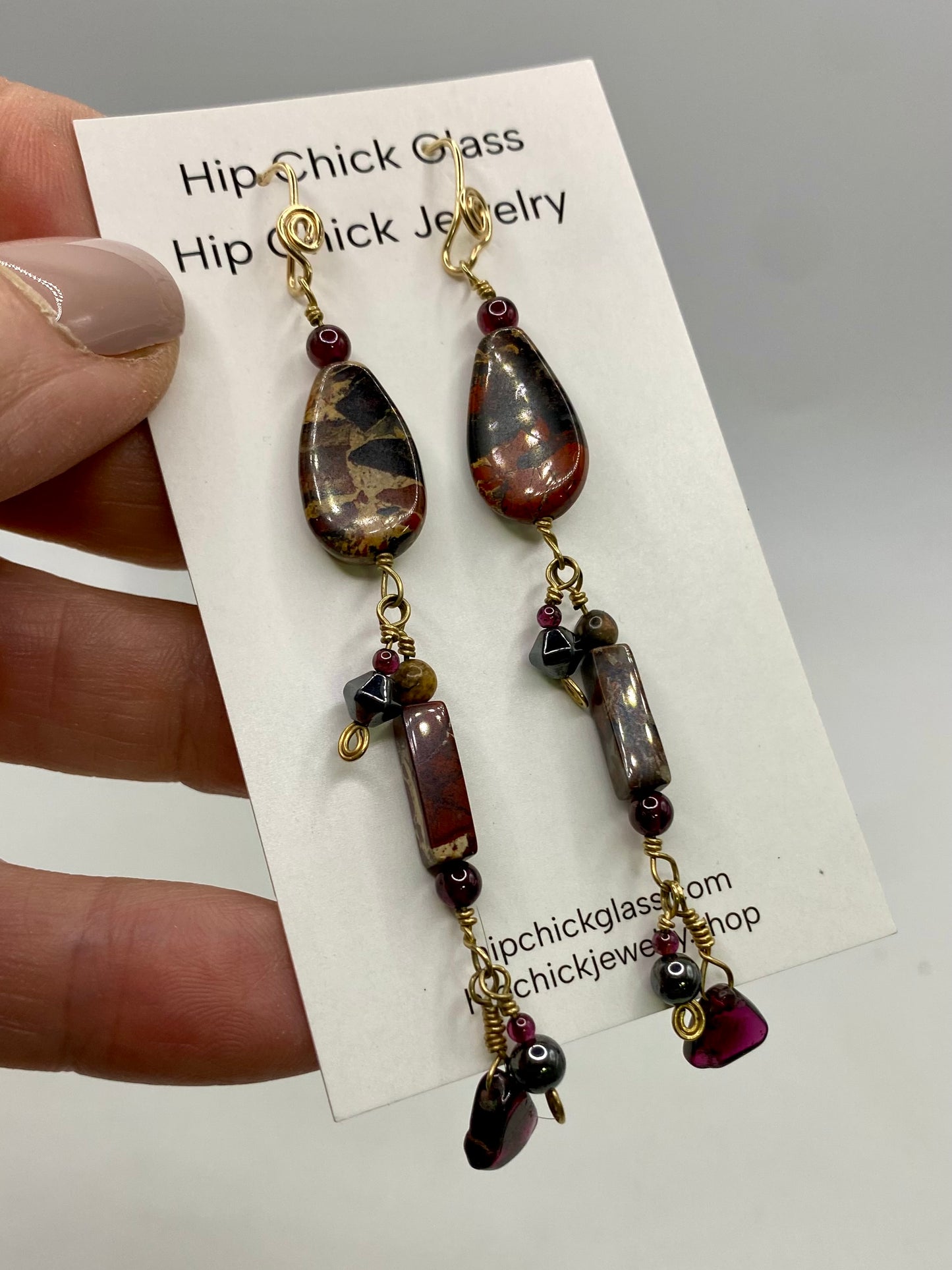 Jasper Hematite Garnet Gold Dangle Earrings by Hip Chick Glass, 14 Karat Gold Fill Earrings, Handmade Gemstone Jewelry, Birthstone Gift