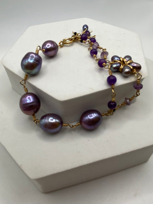 Gold Pearl & Amethyst Bracelet by Hip Chick Glass, Handmade Gold Fill Wire Wrap Jewelry, Handmade Gemstone Bracelet, June & February Birthstone Gift