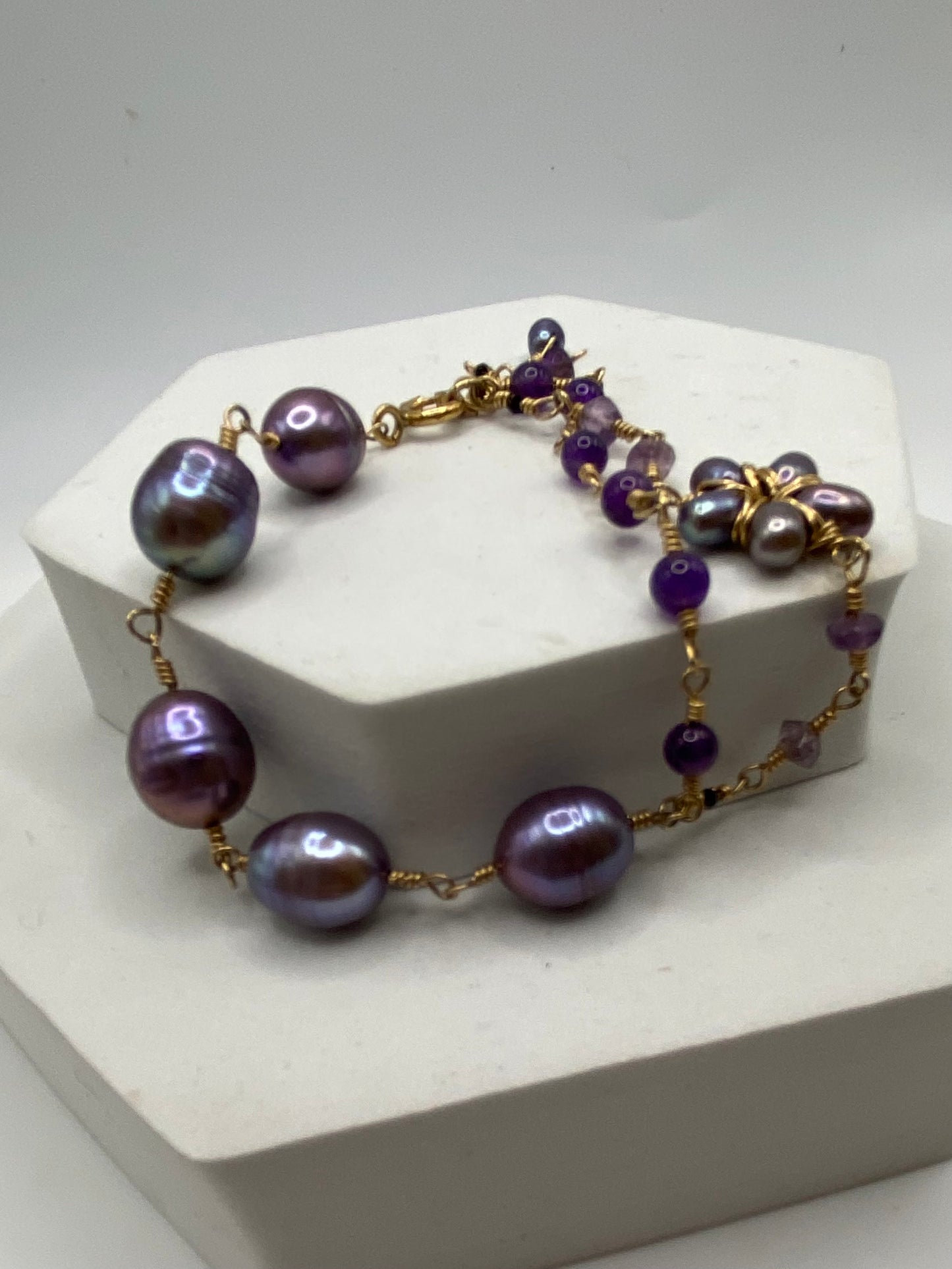 Gold Pearl & Amethyst Bracelet by Hip Chick Glass, Handmade Gold Fill Wire Wrap Jewelry, Handmade Gemstone Bracelet, June & February Birthstone Gift