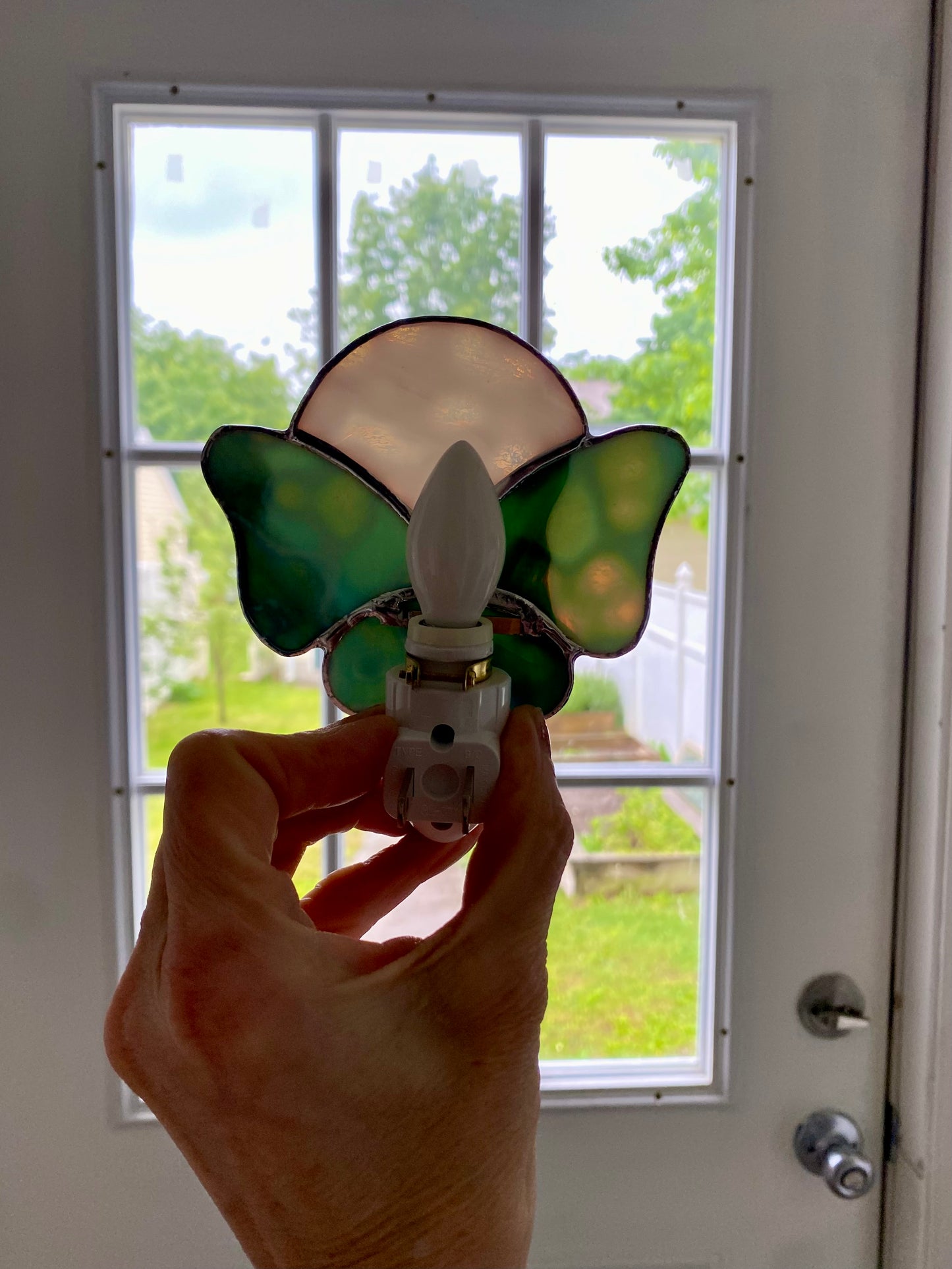 Blue Butterfly Nightlight under a white moon | Gretchen Shutt | Hip Chick Glass, LLC