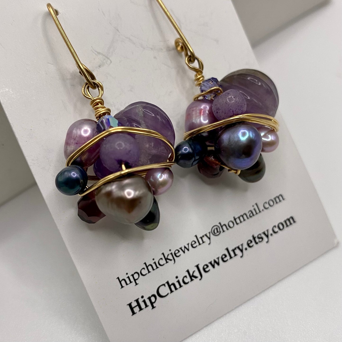 Purple Gemstone Bead Wire Wrap Earrings by Hip Chick Glass, 14 Karat Gold Fill Earrings, Handmade Gemstone Jewelry, OOAK February Birthstone Gift