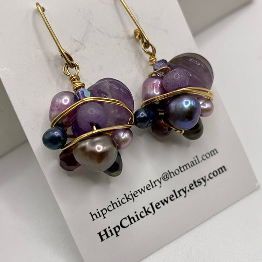 Purple Gemstone Bead Wire Wrap Earrings by Hip Chick Glass, 14 Karat Gold Fill Earrings, Handmade Gemstone Jewelry, OOAK February Birthstone Gift