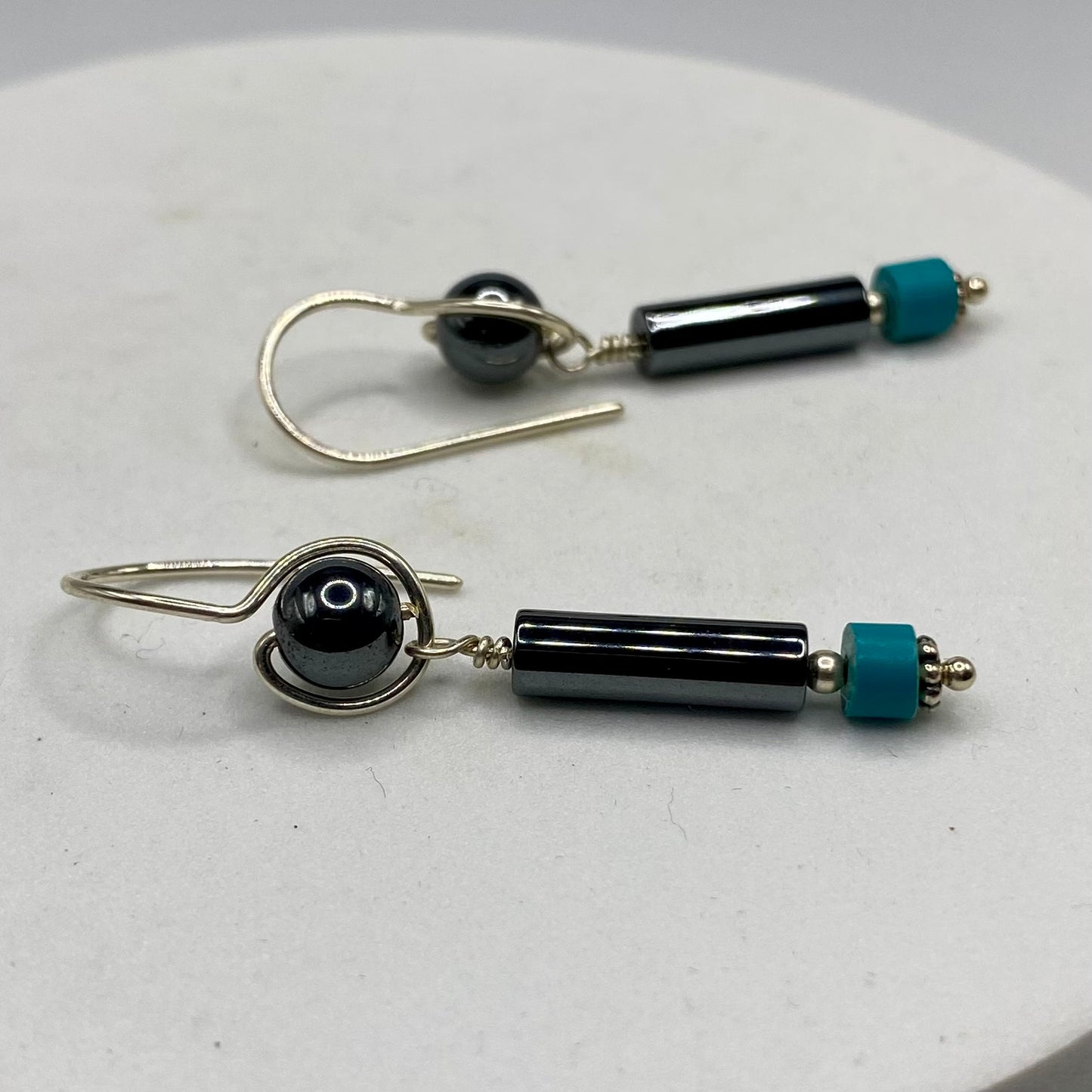 Hematite & Chalk Turquoise Dangle Earrings by Hip Chick Glass, Sterling Silver Earrings, Handmade Gemstone Jewelry, Handmade Jewelry Gift, Birthstone Earrings