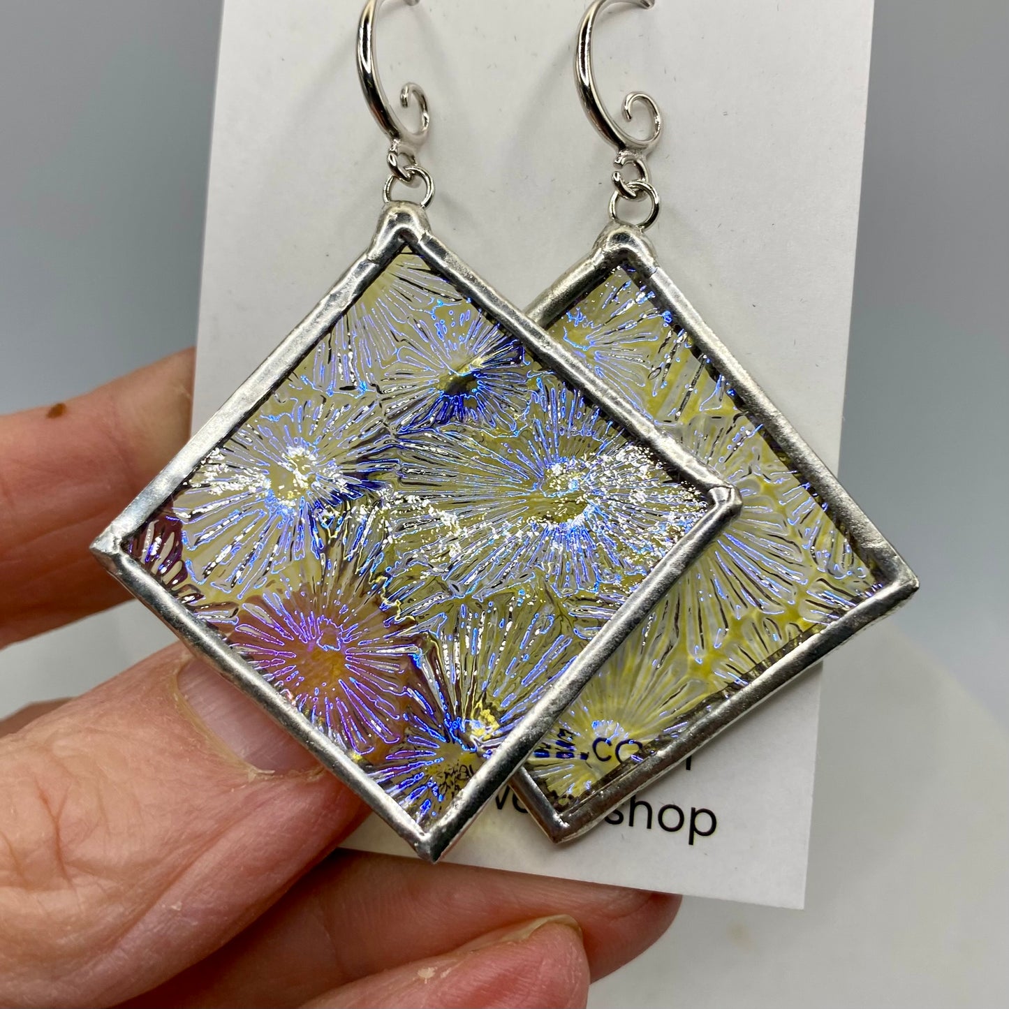 Blue Snowflake Square Earrings | Stained Glass Earrings by Hip Chick Glass, Stained Glass Dangle Drop Earrings, Stained Glass Earrings